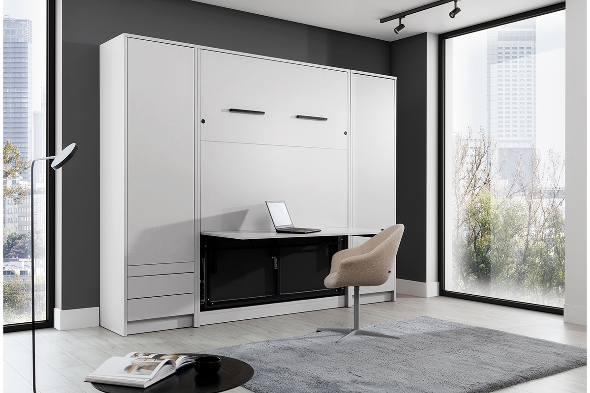 Vertikálna sklápacia posteľ Genius 140x200 s písacím stolom - biely mat Biely Sklápacia posteľ 