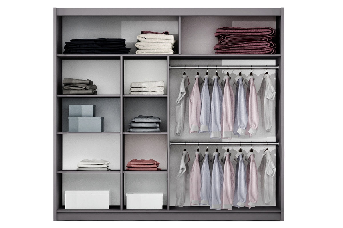 Šatní skříň Porto 2 203 cm s posuvnými dveřmi - grafit / zrcadlo skříň Porto 203 wnetrze