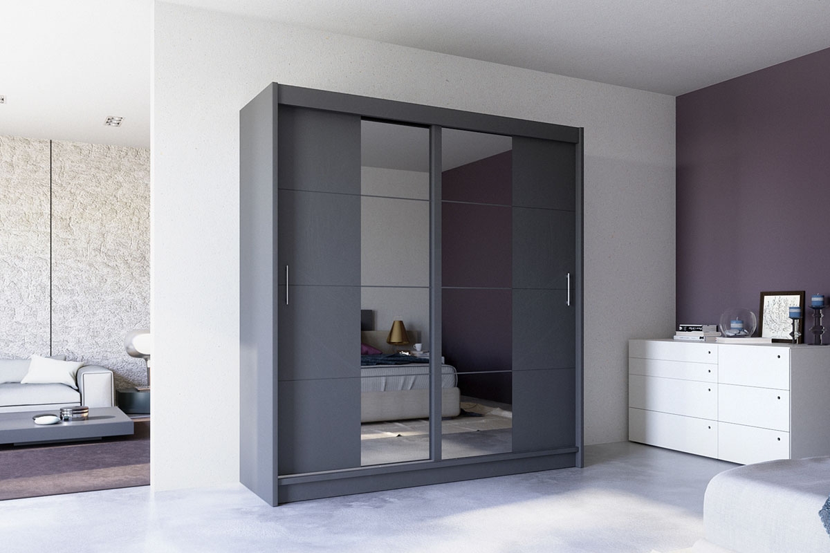 Šatní skříň Porto 2 203 cm s posuvnými dveřmi - grafit / zrcadlo skříň Porto 203 aranzacja