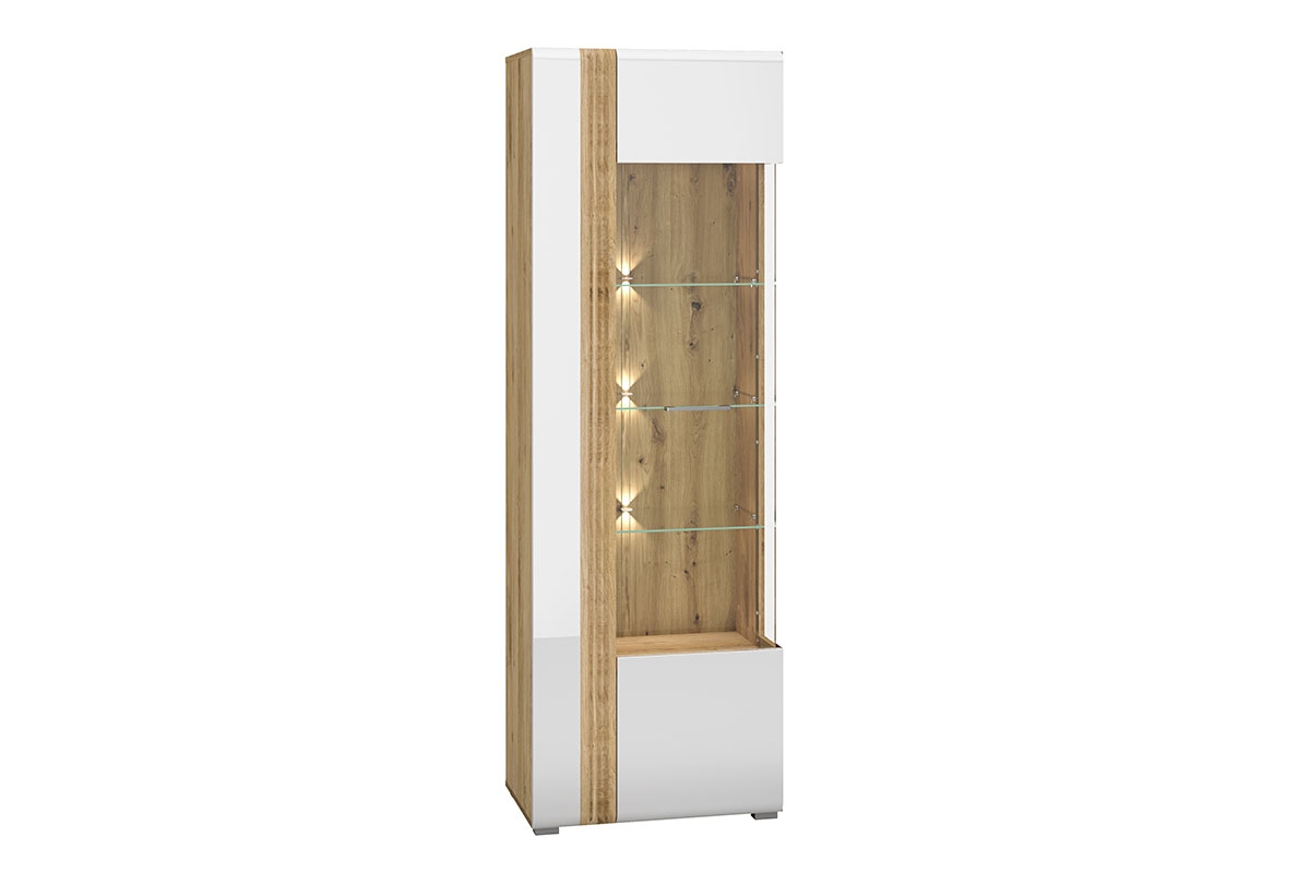 Dvoudveřová vitrína Adagio 02 P s ryhovaným dekorem - dub castello / bílý lesk Bílá Vitrína