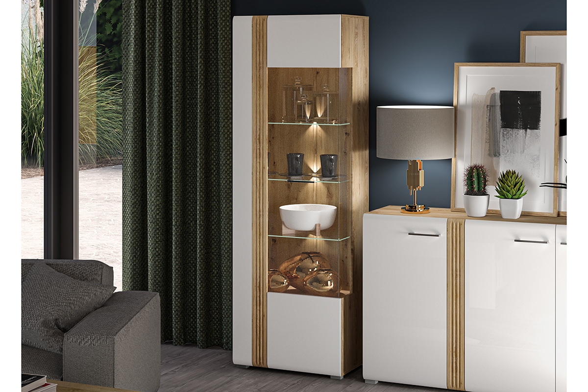 Dvoudveřová vitrína Adagio 02 P s ryhovaným dekorem - dub castello / bílý lesk dřevěná Vitrína