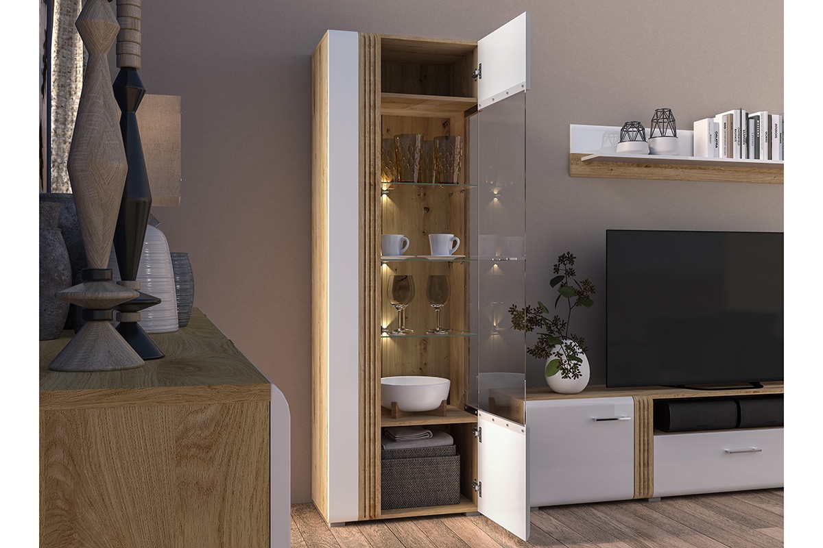 Dvoudveřová vitrína Adagio 02 P s ryhovaným dekorem - dub castello / bílý lesk Vitrína ze skleněným frontem