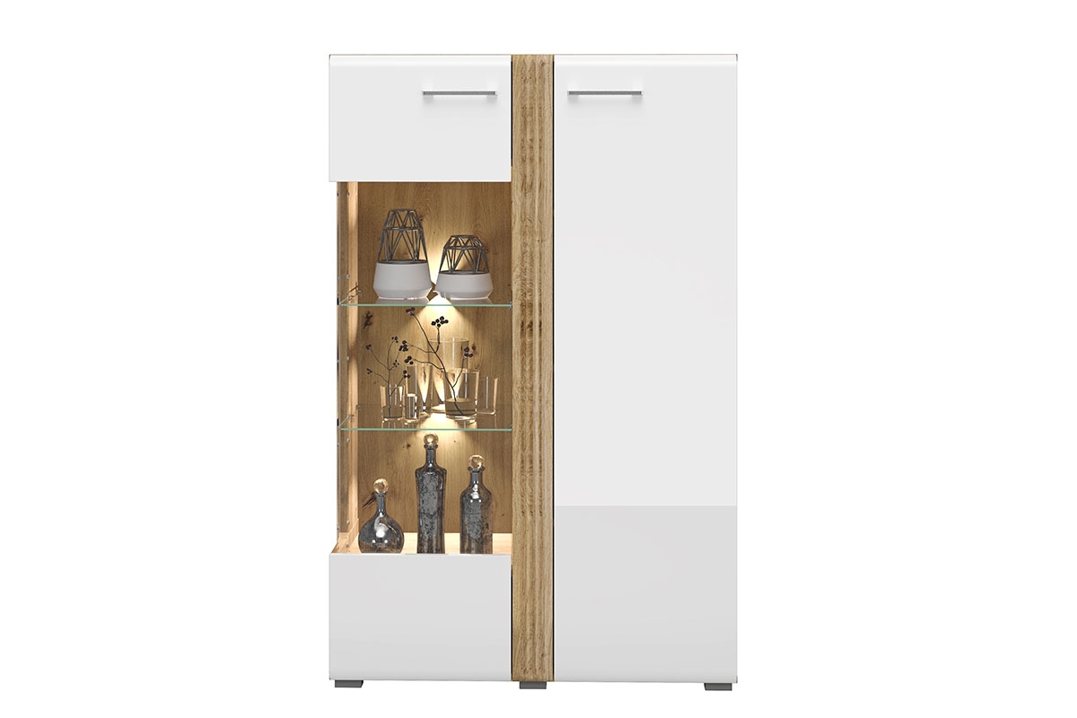 Dvoudveřová vitrína Adagio 03 L s frézovaným čelem - dub castello / bílý lesk nízká Vitrína prosklená