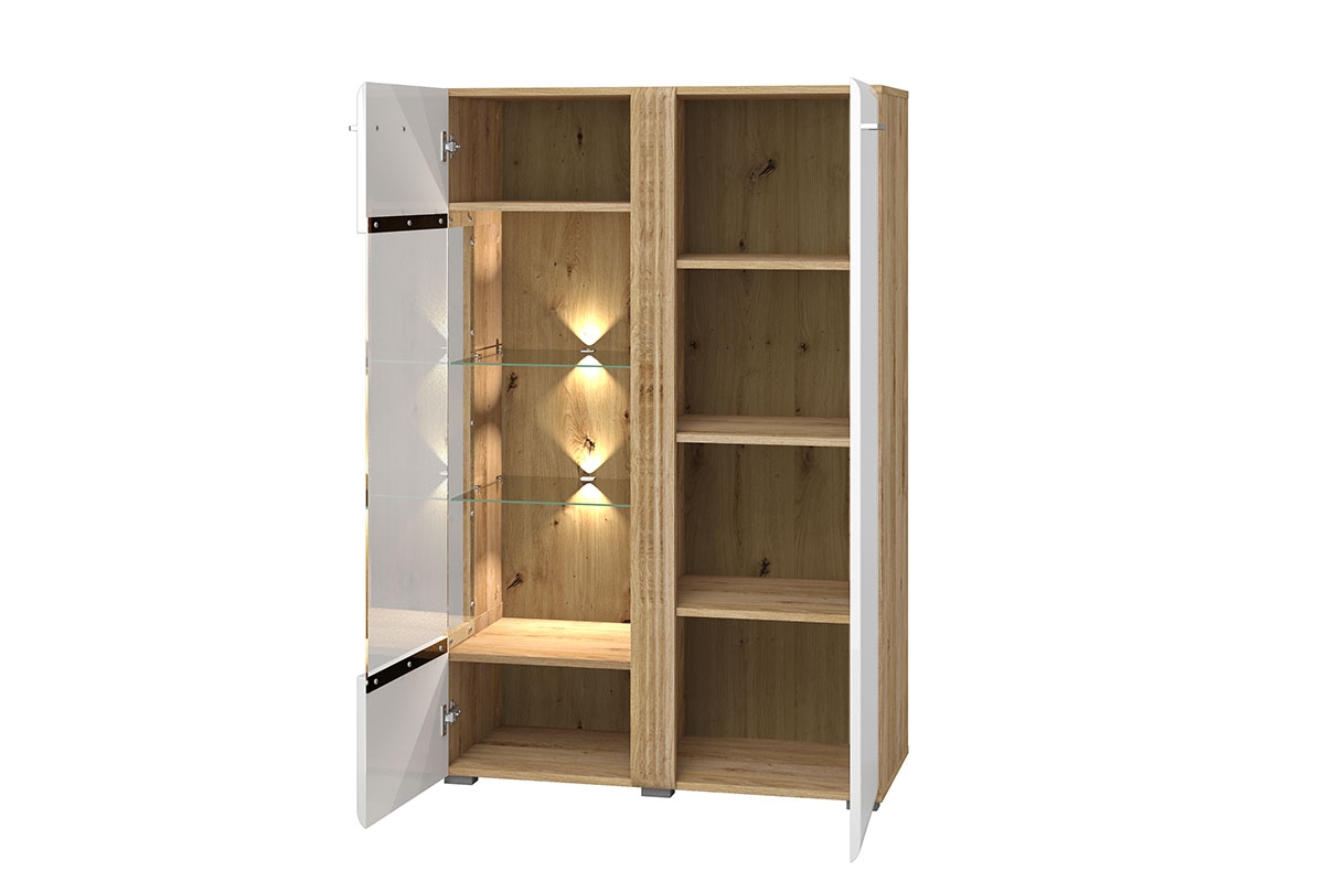 Dvoudveřová vitrína Adagio 03 L s frézovaným čelem - dub castello / bílý lesk nízká Vitrína