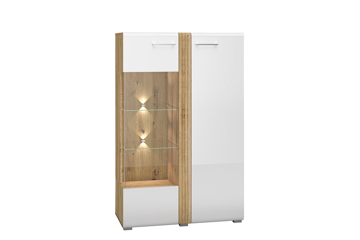 Dvoudveřová vitrína Adagio 03 L s frézovaným čelem - dub castello / bílý lesk Vitrína z bialym frontem
