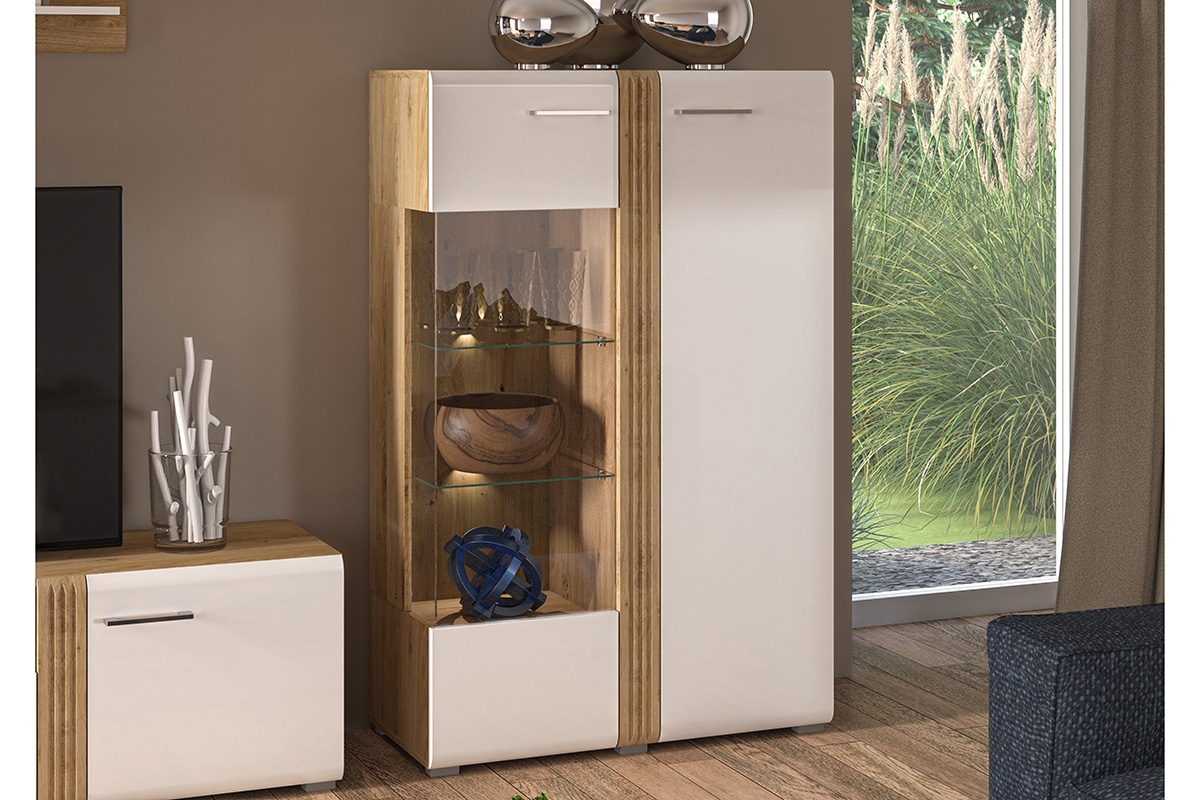 Dvoudveřová vitrína Adagio 03 L s frézovaným čelem - dub castello / bílý lesk nízká Vitrína z bialym frontem
