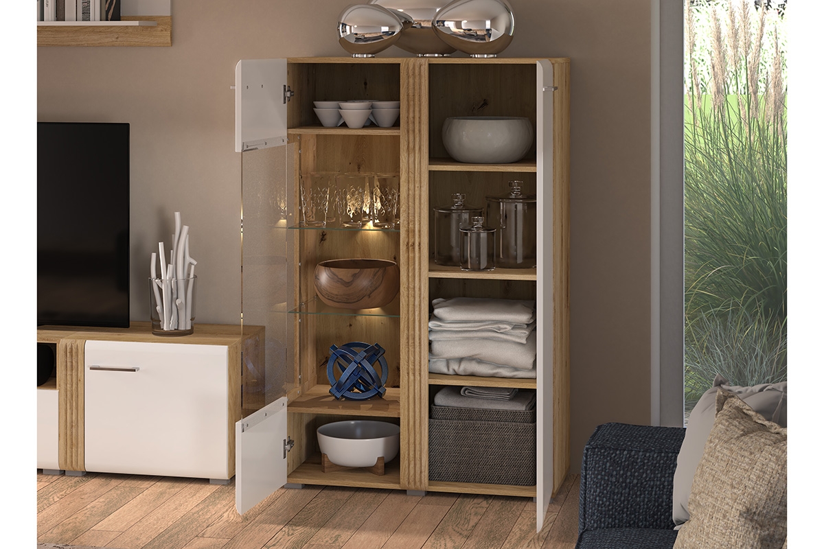 Dvoudveřová vitrína Adagio 03 L s frézovaným čelem - dub castello / bílý lesk nízká ryflowana Vitrína pro obývacího pokoje