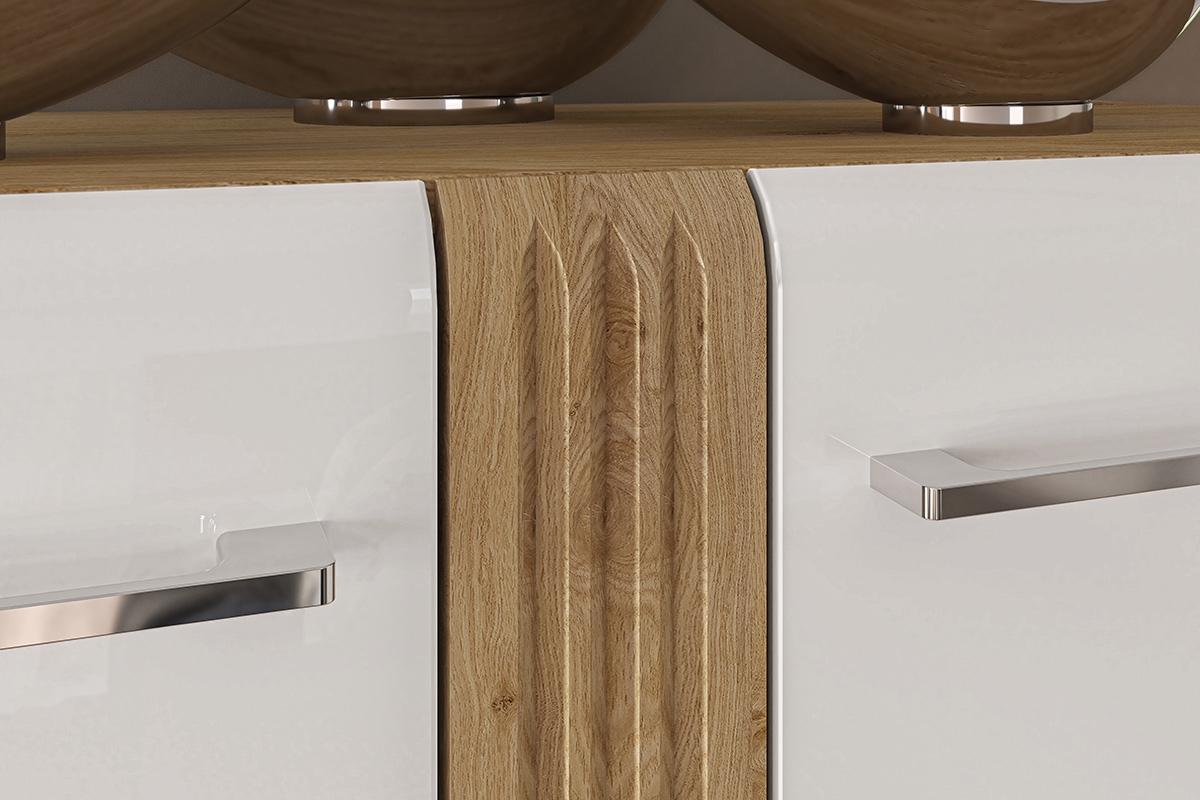Dvoudveřová vitrína Adagio 03 L s frézovaným čelem - dub castello / bílý lesk Vitrína z ryflowanym elementem
