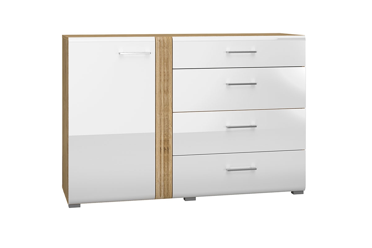 Komoda so štyrmi zásuvkami Lipinz 04 - Dub castello / biely lesk Komoda z bialym frontem