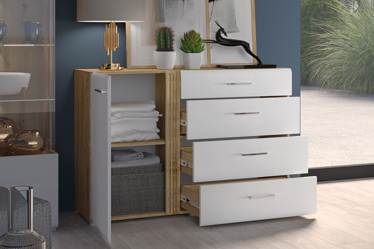 Komoda so štyrmi zásuvkami Lipinz 04 - Dub castello / biely lesk Biela Komoda .