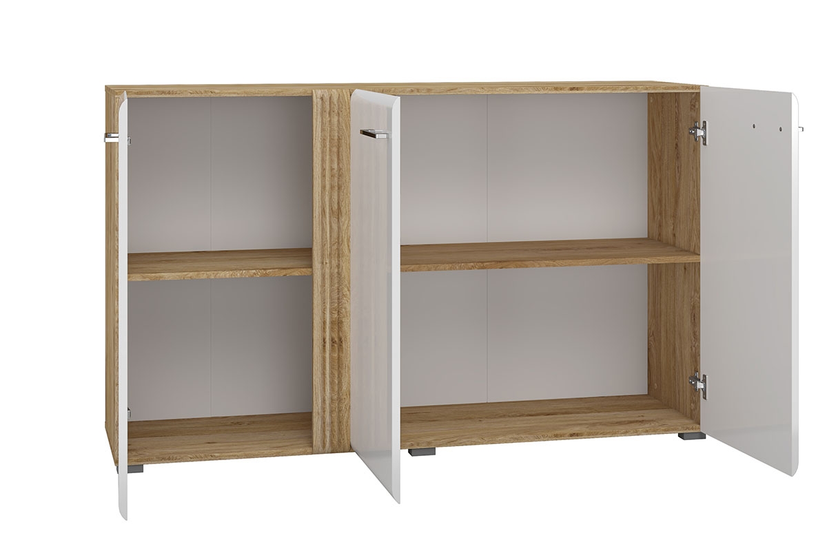 Komoda trojdverová Lipinz 05 z ryflowanym detalem - Dub castello / biely lesk Biela Komoda .