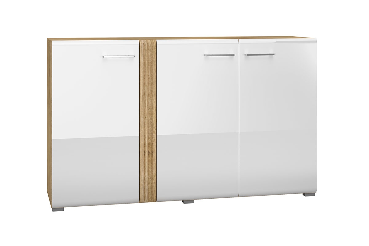 Komoda trojdverová Lipinz 05 z ryflowanym detalem - Dub castello / biely lesk Biela Komoda trojdverová