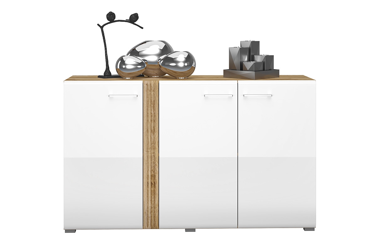 Komoda trojdverová Lipinz 05 z ryflowanym detalem - Dub castello / biely lesk Biela Komoda z szafkami