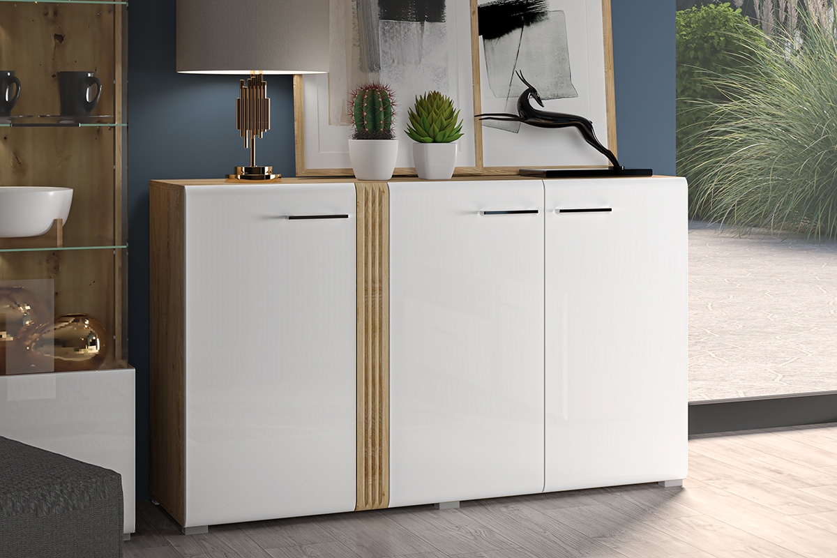 Komoda trojdverová Lipinz 05 z ryflowanym detalem - Dub castello / biely lesk szeroka priestorná Komoda