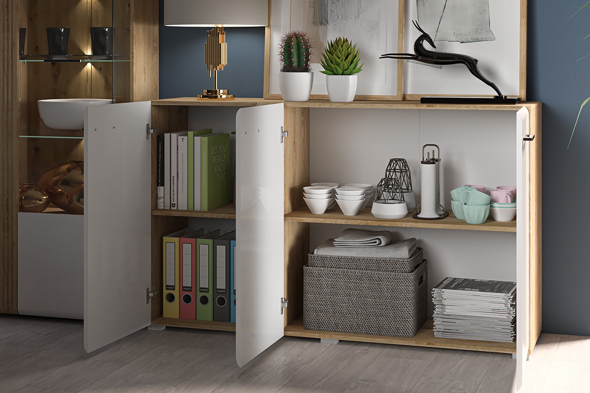 Komoda trojdverová Lipinz 05 z ryflowanym detalem - Dub castello / biely lesk Komoda z ryflowaniem