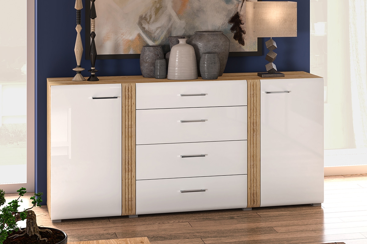 Komoda Adagio 06 se čtyřmi zásuvkami - dub castello / bílý lesk Bílá Komoda s zásuvkami a skříňkami