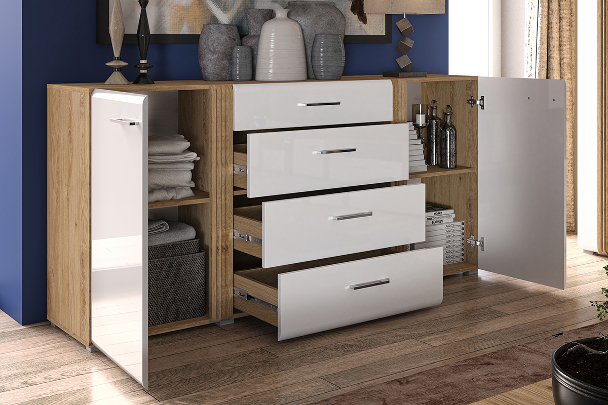 Komoda Adagio 06 se čtyřmi zásuvkami - dub castello / bílý lesk dvě pojemne Skříňky