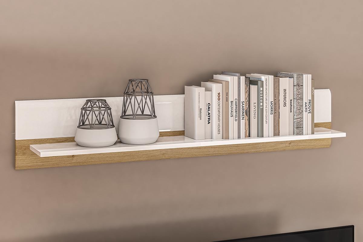 Závěsná police Adagio 09 - dub castello / bílý lesk Bílá police s frézovaným čelem