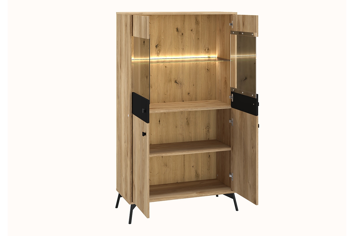 Vitrína Verlin 03 s osvetlením LED 90 cm - Dub castello / Čierny presklená Vitrína