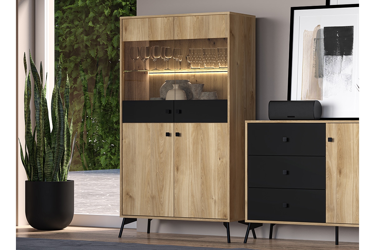Vitrína Verlin 03 s osvetlením LED 90 cm - Dub castello / Čierny Nábytok .