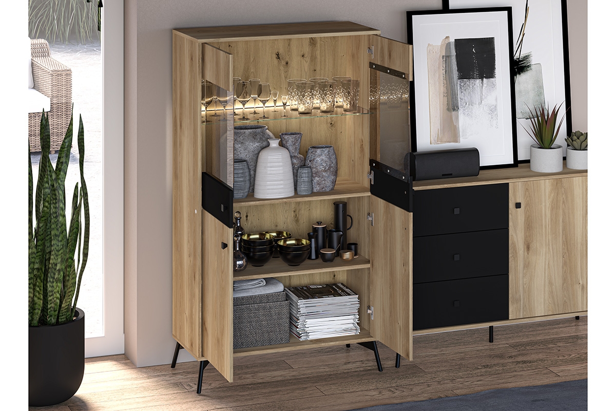 Vitrína Verlin 03 s osvetlením LED 90 cm - Dub castello / Čierny Vitrína .