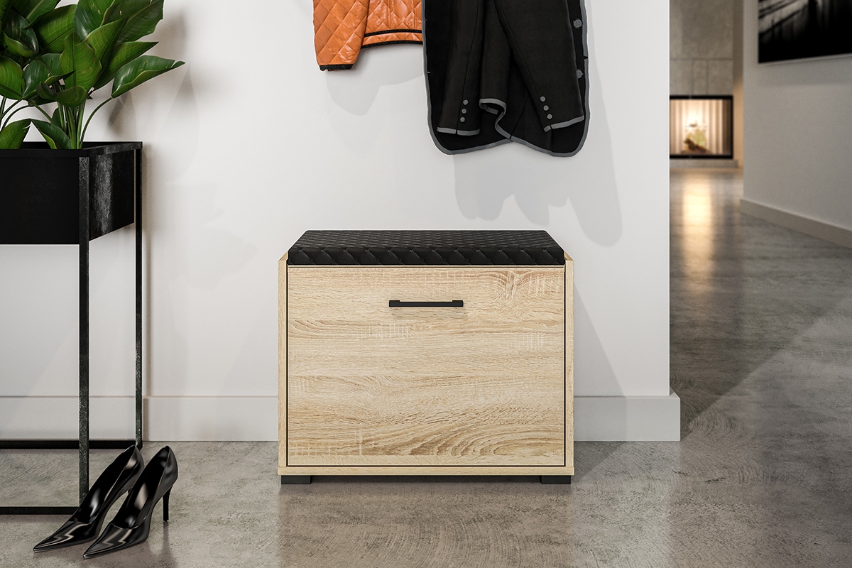 Skrinka na topánky Migoz 01 s výklopnými dvierkami a čalúneným sedákom - svetlá sonoma Skrinka na topánky do predsienie