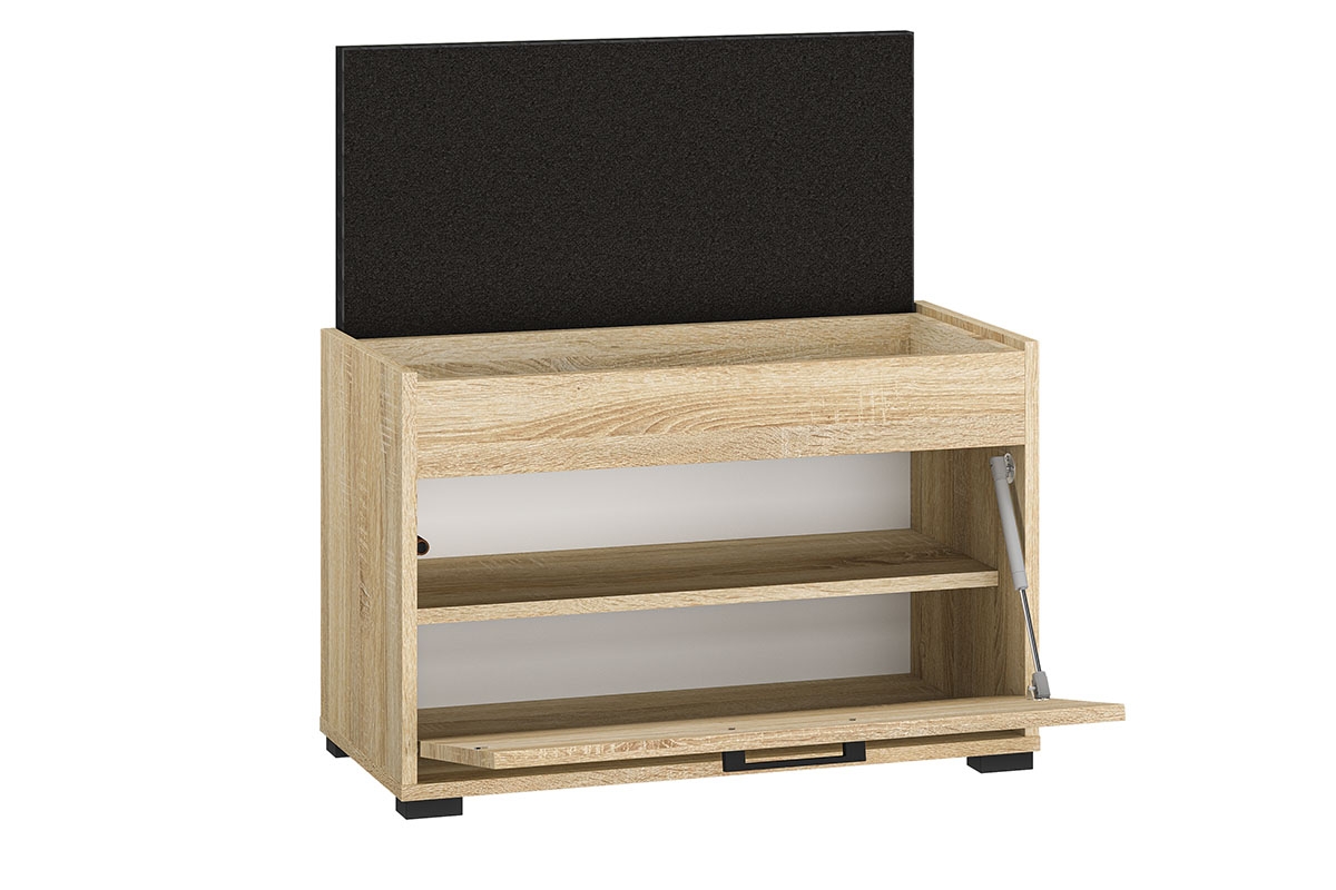 Skrinka na topánky Migoz 03 s výklopnými dvierkami a zdvíhacím sedákom - svetlá sonoma Skrinka na topánky z uchylnymi drzwiami i podnoszonym tapicerowanym siedziskiem Caro 03 - svetlá sonoma