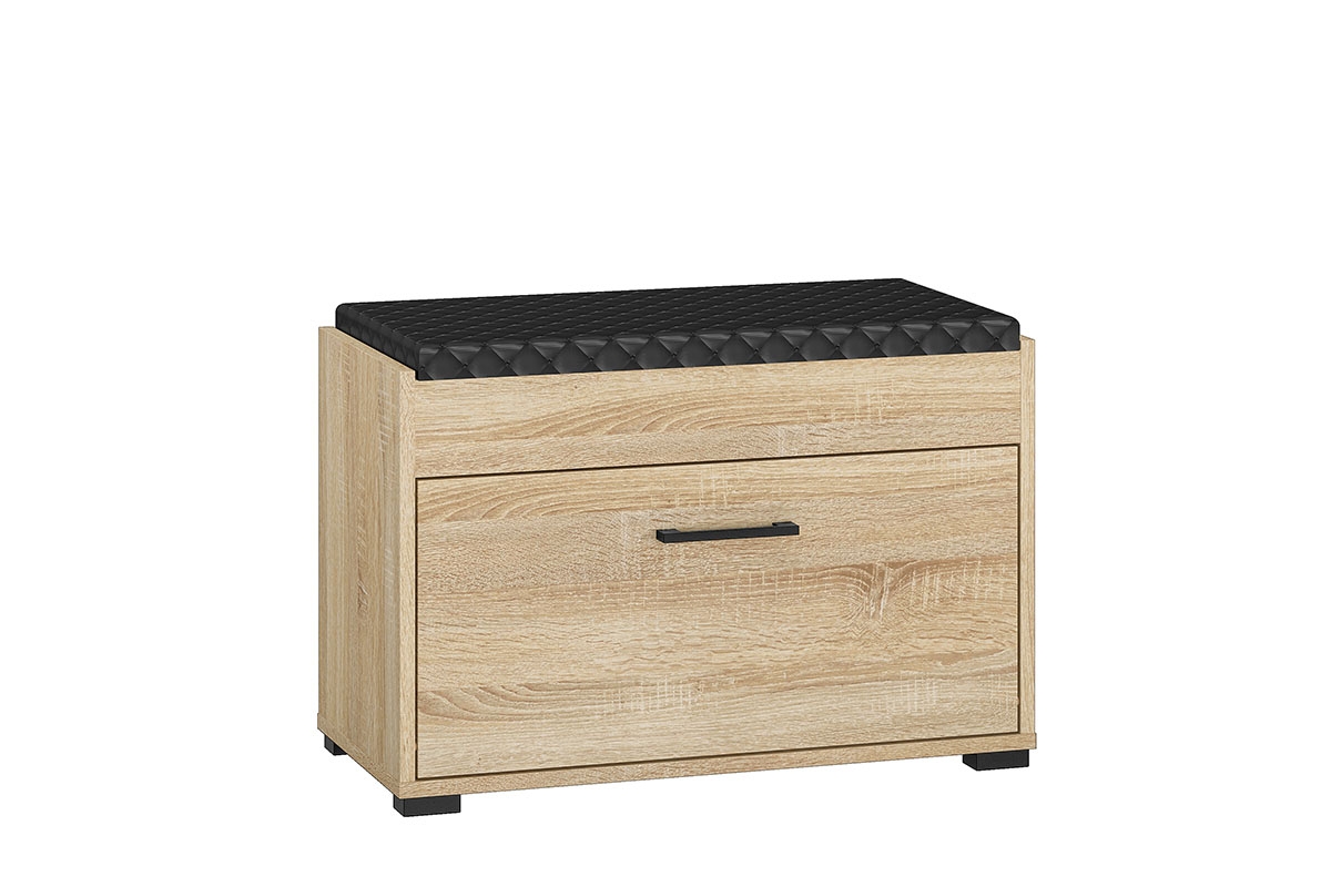 Skrinka na topánky Migoz 03 s výklopnými dvierkami a zdvíhacím sedákom - svetlá sonoma Skrinka na topánky z uchylnymi drzwiami i podnoszonym tapicerowanym siedziskiem Caro 03 - svetlá sonoma
