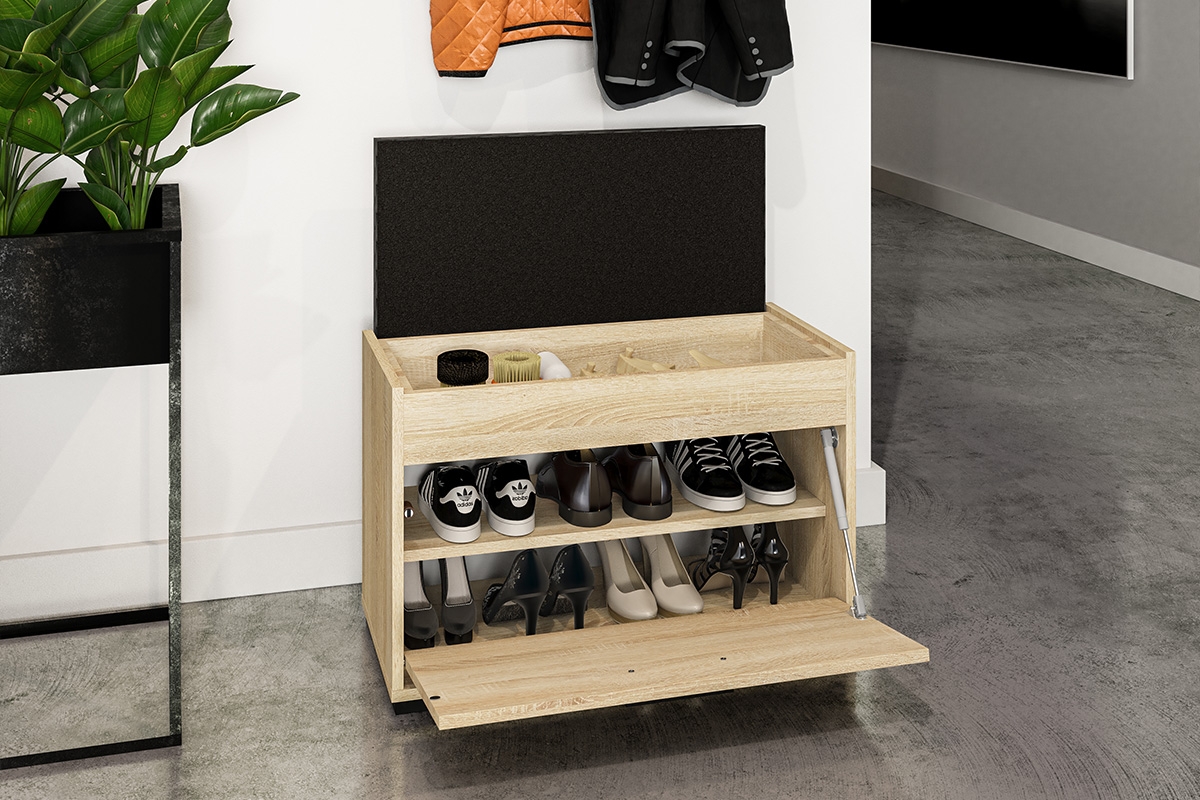 Skrinka na topánky Migoz 03 s výklopnými dvierkami a zdvíhacím sedákom - svetlá sonoma Skrinka na topánky z uchylnymi drzwiami i podnoszonym tapicerowanym siedziskiem Caro 03 - svetlá sonoma