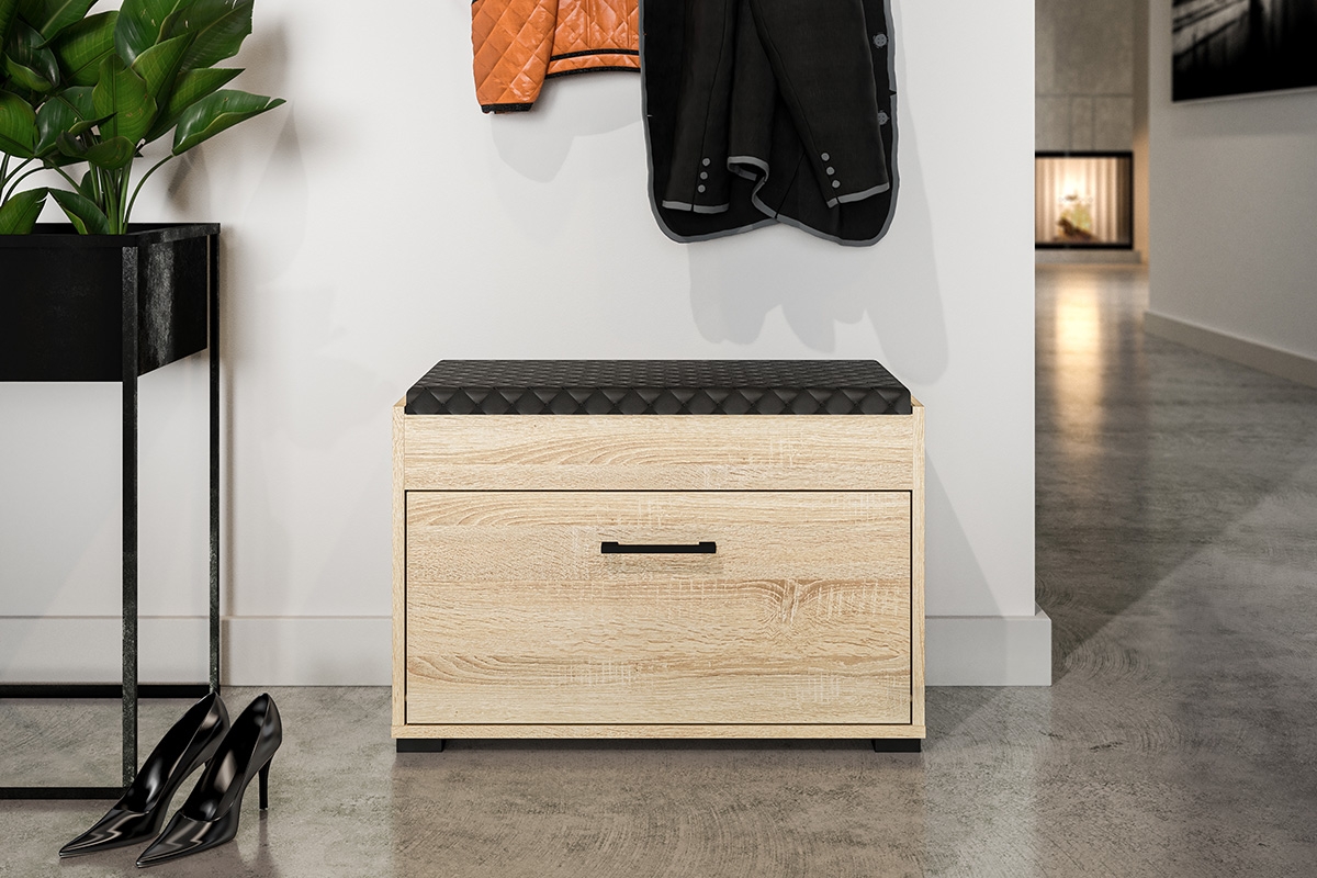 Skrinka na topánky Migoz 03 s výklopnými dvierkami a zdvíhacím sedákom - svetlá sonoma Skrinka na topánky z uchylnymi drzwiami i podnoszonym tapicerowanym siedziskiem Caro 03 - svetlá sonoma