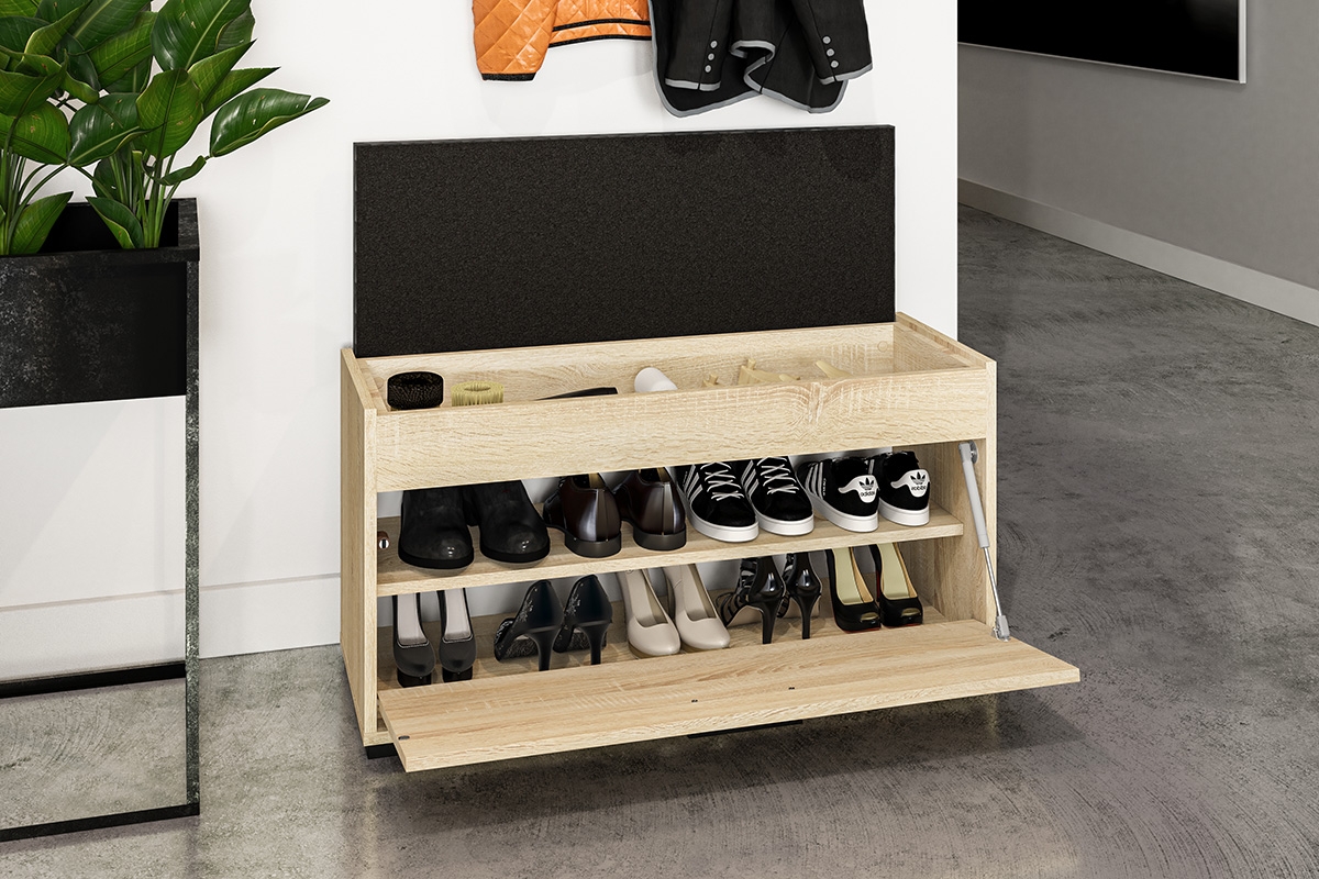 Skrinka na topánky Migoz 05 s výklopnými dvierkami a zdvíhacím sedákom - svetlá sonoma Skrinka z tapicerowanym siedzisiek