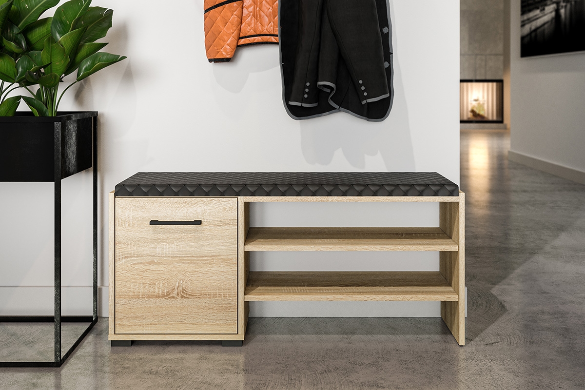 Jednodverová skrinka na topánky Migoz 07 s priehradkami a čalúneným sedákom - svetlá sonoma Skrinka z tapicerowanym siedziskiem