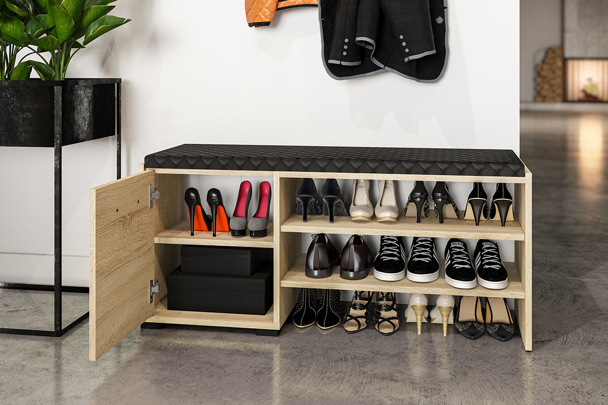 Jednodverová skrinka na topánky Migoz 07 s priehradkami a čalúneným sedákom - svetlá sonoma funkčná Skrinka na topánky