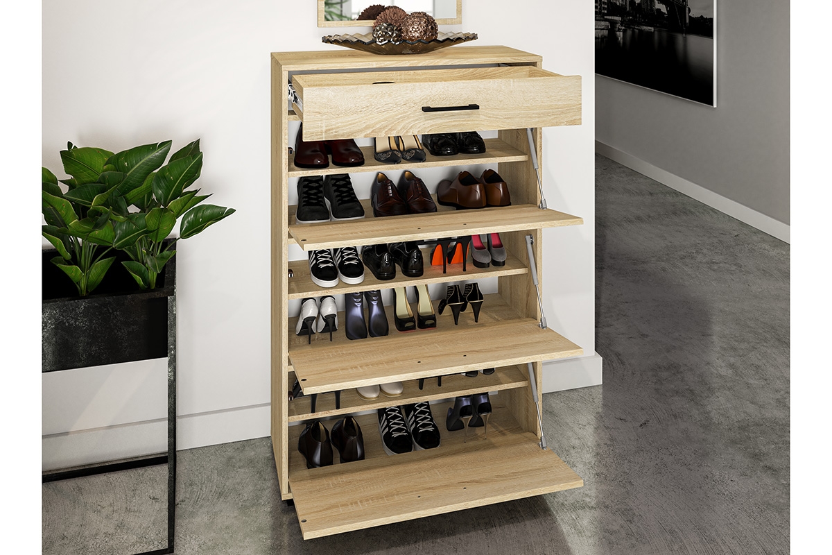 Skrinka na topánky Migoz 15 s výklopnými dvierkami a zásuvkou - svetlá sonoma Komoda na topánky