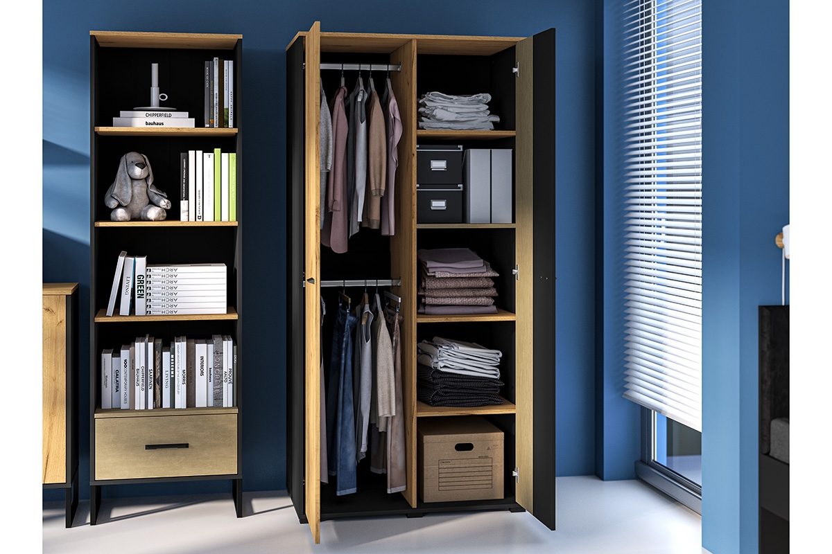 Skriňa dvojdverová Kawana 02 do izby nastolatka - Čierny / craft zlaté / oceľ premium Skriňa dvojdverová Colt 02 do izby nastolatka - Čierny / craft zlaté / oceľ premium - vnútro z zawartoscia