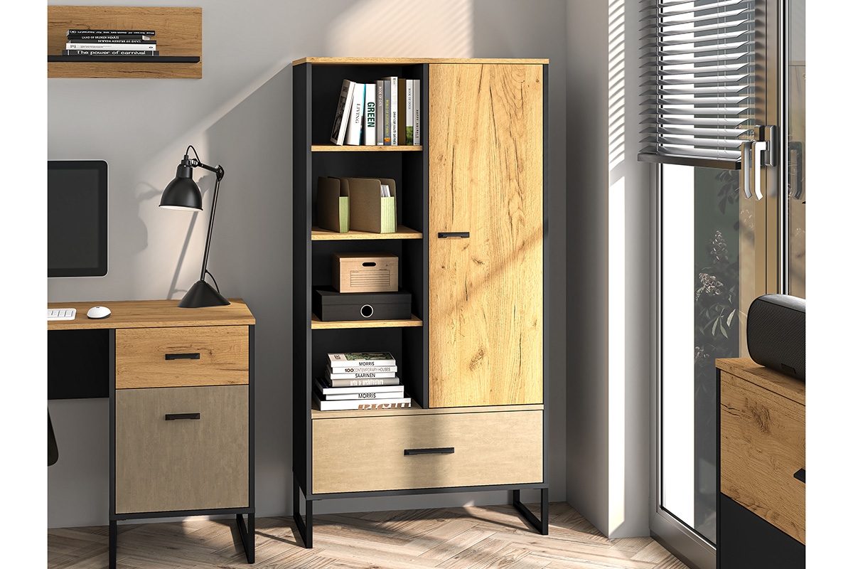 Regál Kawana 04 so zásuvkou 80 cm na kovových nohách - čierny / craft zlaté / oceľ premium Regál z szuflada Colt 04 na kovových nohách 80 cm - Čierny / craft zlaté / oceľ premium - vizualizácia