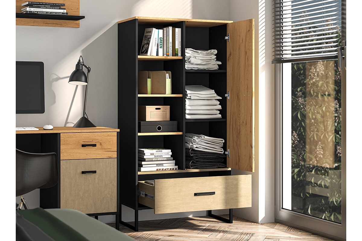 Regál Kawana 04 so zásuvkou 80 cm na kovových nohách - čierny / craft zlaté / oceľ premium Regál z szuflada Colt 04 na kovových nohách 80 cm - Čierny / craft zlaté / oceľ premium - vnútro z wypelneniem