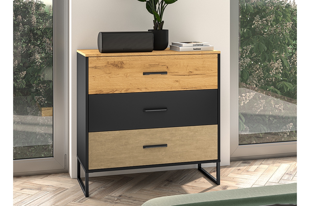 Komoda so zásuvkami Kawana 05 na kovových nohách - Čierny / craft zlaté / oceľ premium Komoda so zásuvkami Colt 05 na kovových nohách - Čierny / craft zlaté / oceľ premium - vizualizácia