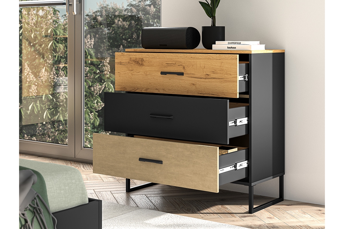 Komoda so zásuvkami Kawana 05 na kovových nohách - Čierny / craft zlaté / oceľ premium Komoda so zásuvkami Colt 05 na kovových nohách - Čierny / craft zlaté / oceľ premium - vizualizácia 2