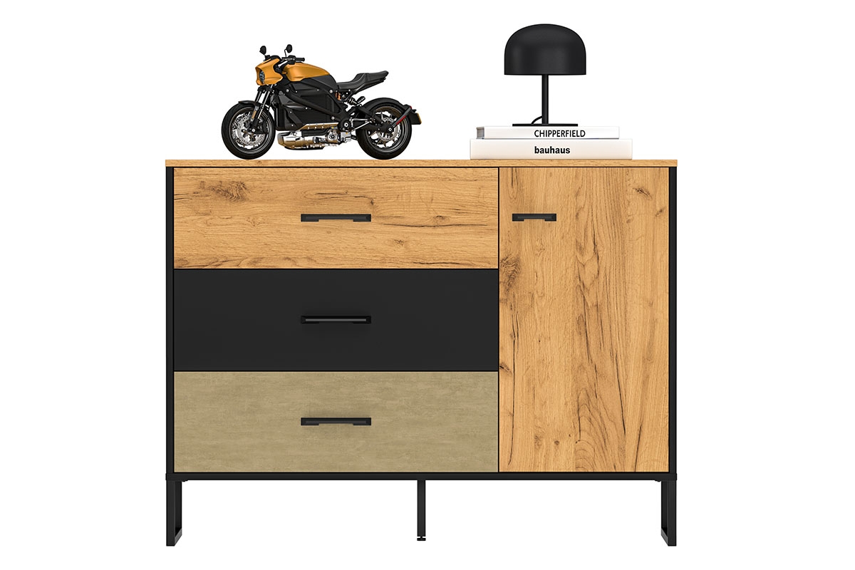 Komoda so zásuvkami Kawana 06 na kovových nohách - Čierny / craft zlaté / oceľ premium Komoda so zásuvkami Colt 06 na kovových nohách - Čierny / craft zlaté / oceľ premium - Predná časť