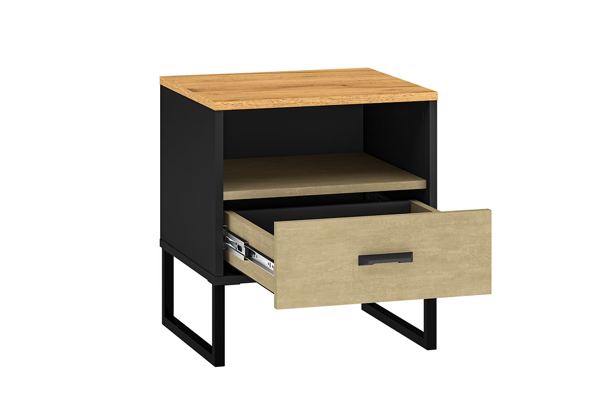 Noční stolek Kawana se zásuvkou a výklenkem - černá / dub craft / ocel premium Noční stolek z szuflada i wneka Colt 08 - Černý / craft Podstavec / ocel premium - wnetrze