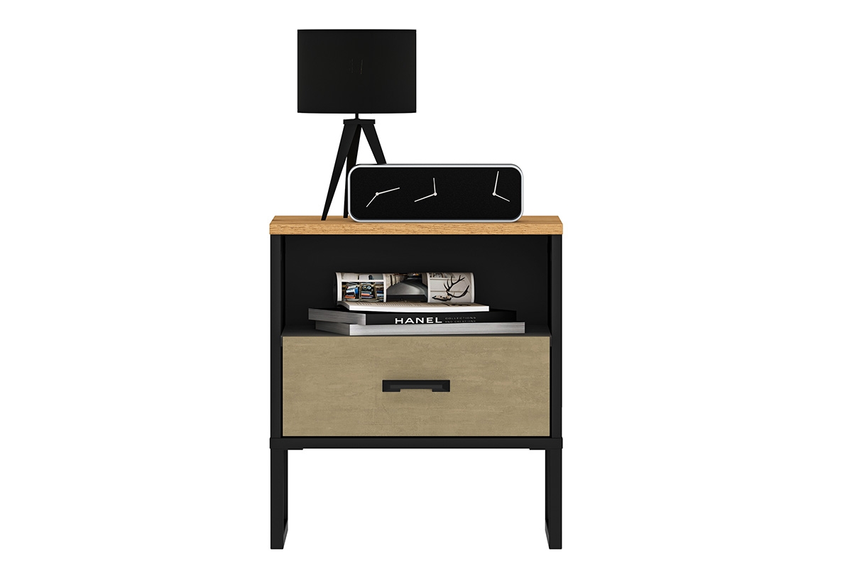 Noční stolek Kawana se zásuvkou a výklenkem - černá / dub craft / ocel premium Noční stolek z szuflada i wneka Colt 08 - Černý / craft Podstavec / ocel premium - přední část