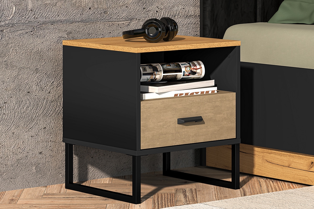 Noční stolek Kawana se zásuvkou a výklenkem - černá / dub craft / ocel premium Noční stolek z szuflada i wneka Colt 08 - Černý / craft Podstavec / ocel premium - aranzacja