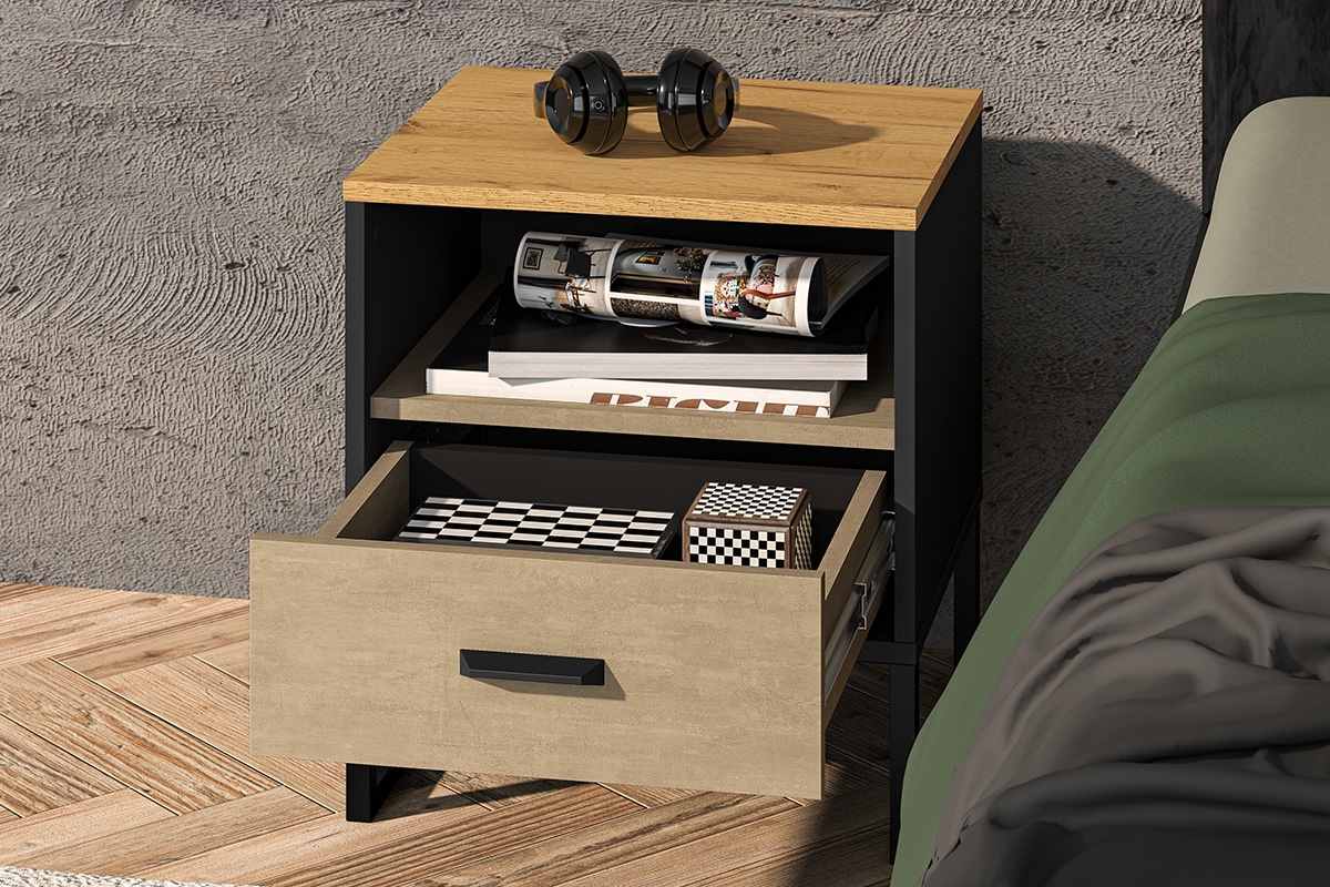 Noční stolek Kawana se zásuvkou a výklenkem - černá / dub craft / ocel premium Noční stolek z szuflada i wneka Colt 08 - Černý / craft Podstavec / ocel premium - wnetrze aranzacja