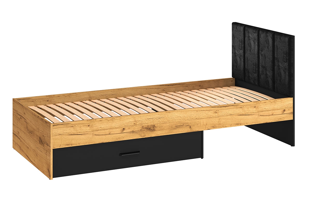 Studentská postel Kawana 90x200 s roštem a zásuvkou - černá / zlatý dub craft Postel pro mládež 90x200 ze stelazem i szuflada Colt 10 - Černý / craft Podstavec