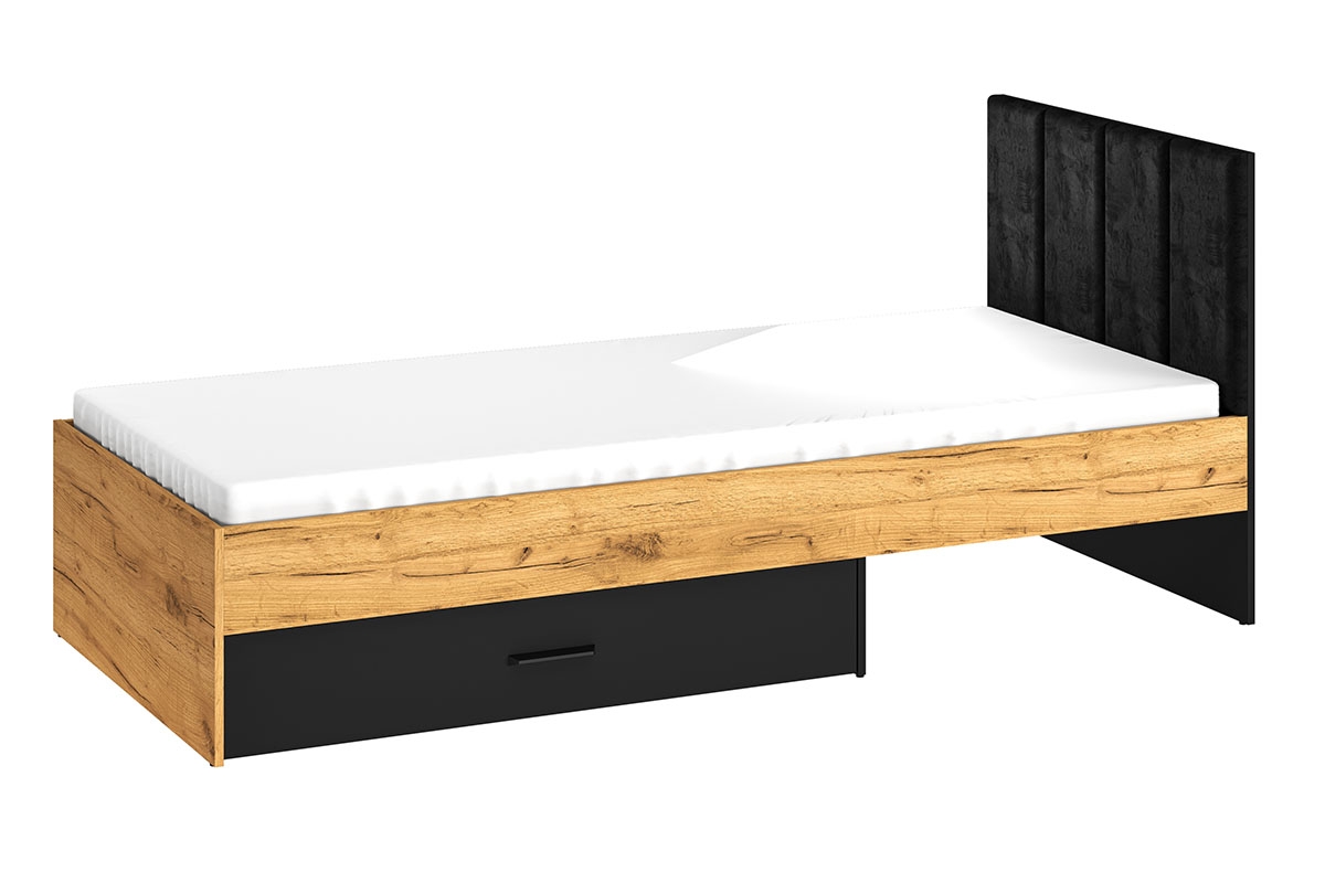 Studentská postel Kawana 90x200 s roštem a zásuvkou - černá / zlatý dub craft Postel pro mládež 90x200 ze stelazem i szuflada Colt 10 - Černý / craft Podstavec - widok s matrací