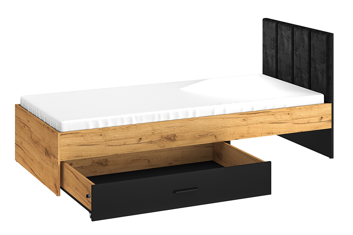 Studentská postel Kawana 90x200 s roštem a zásuvkou - černá / zlatý dub craft Postel pro mládež 90x200 ze stelazem i szuflada Colt 10 - Černý / craft Podstavec - prostorná zásuvkou