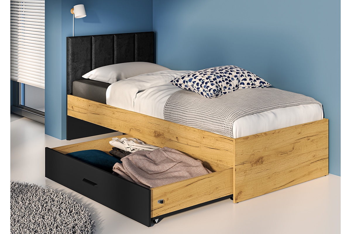 Studentská postel Kawana 90x200 s roštem a zásuvkou - černá / zlatý dub craft Postel pro mládež 90x200 ze stelazem i szuflada Colt 10 - Černý / craft Podstavec - aranzacja
