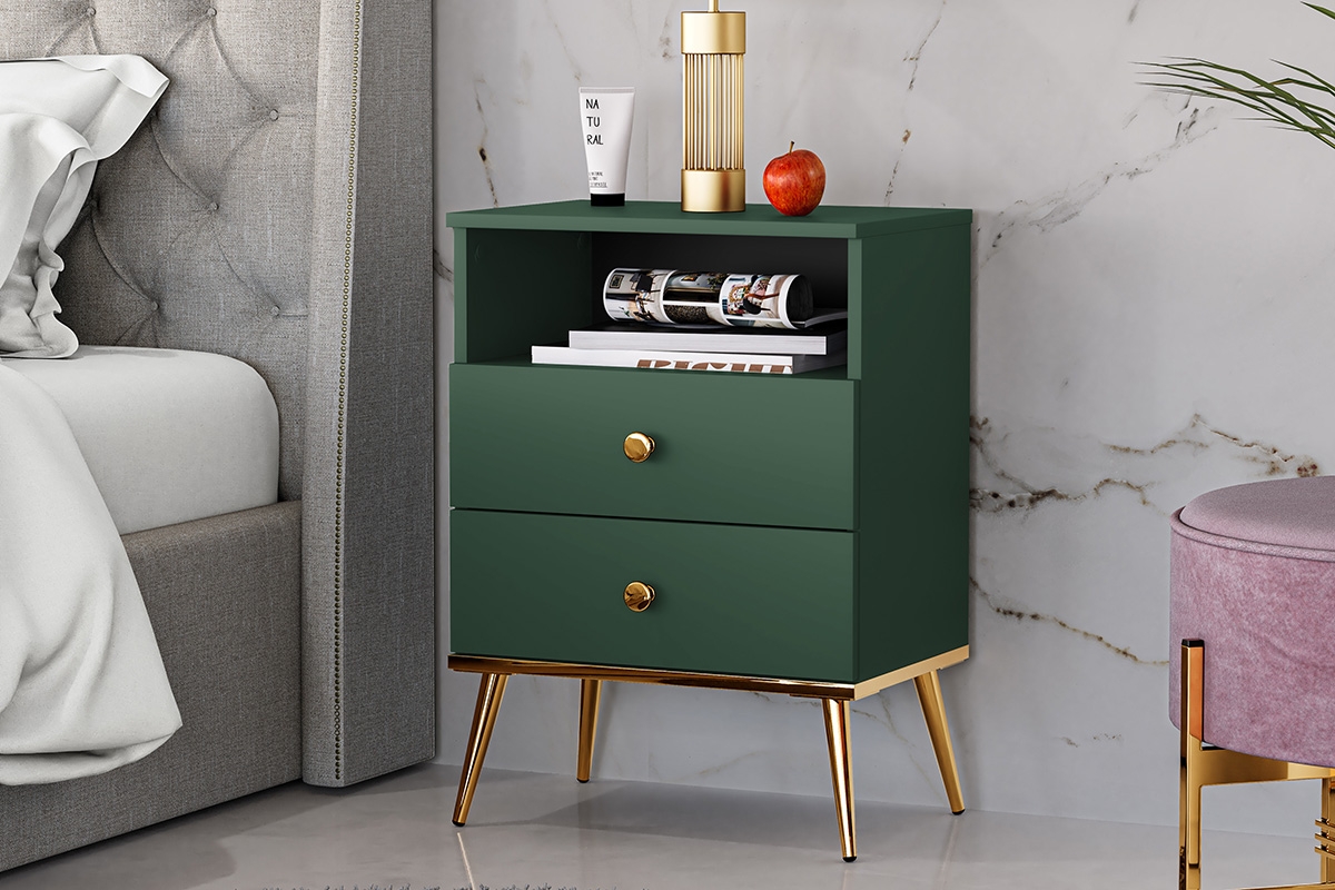 Noční stolek Euras 10 - 50 cm / 2 zásuvky - labrador / zlaté nožky zielona Skříňka rtv