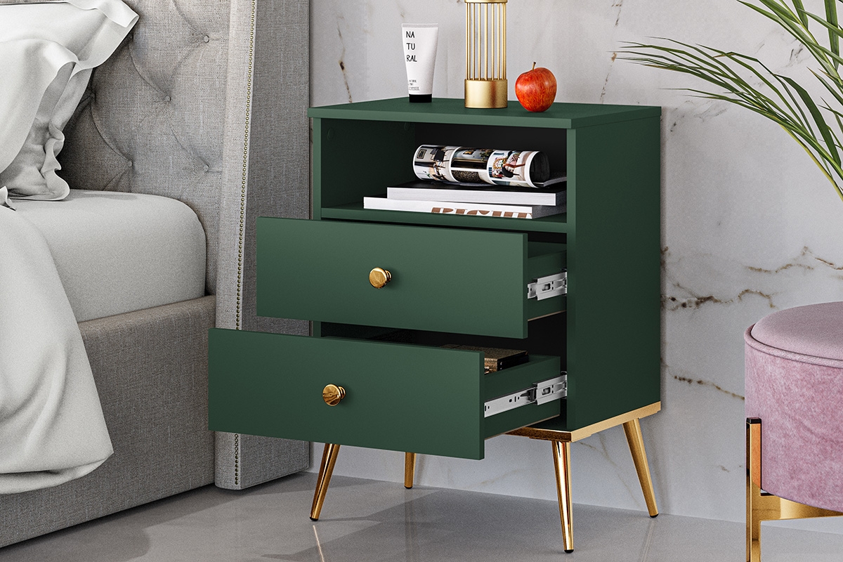 Noční stolek Euras 10 - 50 cm / 2 zásuvky - labrador / zlaté nožky zielona Skříňka na zlotych nogach